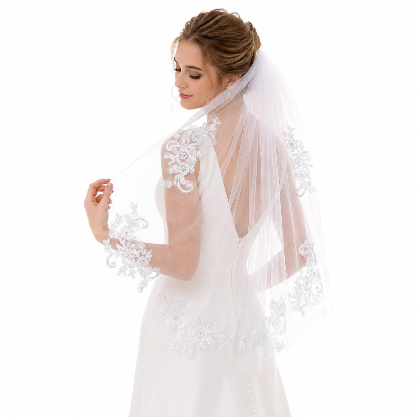 RAHHLIZS White Lace Bridal Veil with Comb, Rhinestone Short Veil Wedding Veil for Brides