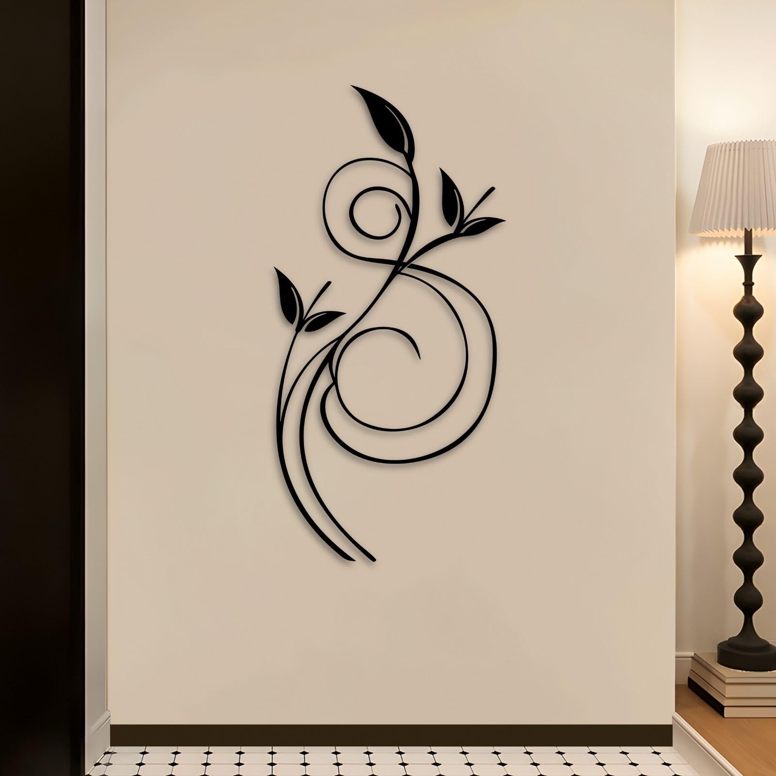 Décoration murale abstraite en métal noir 47x23 cm design feuilles