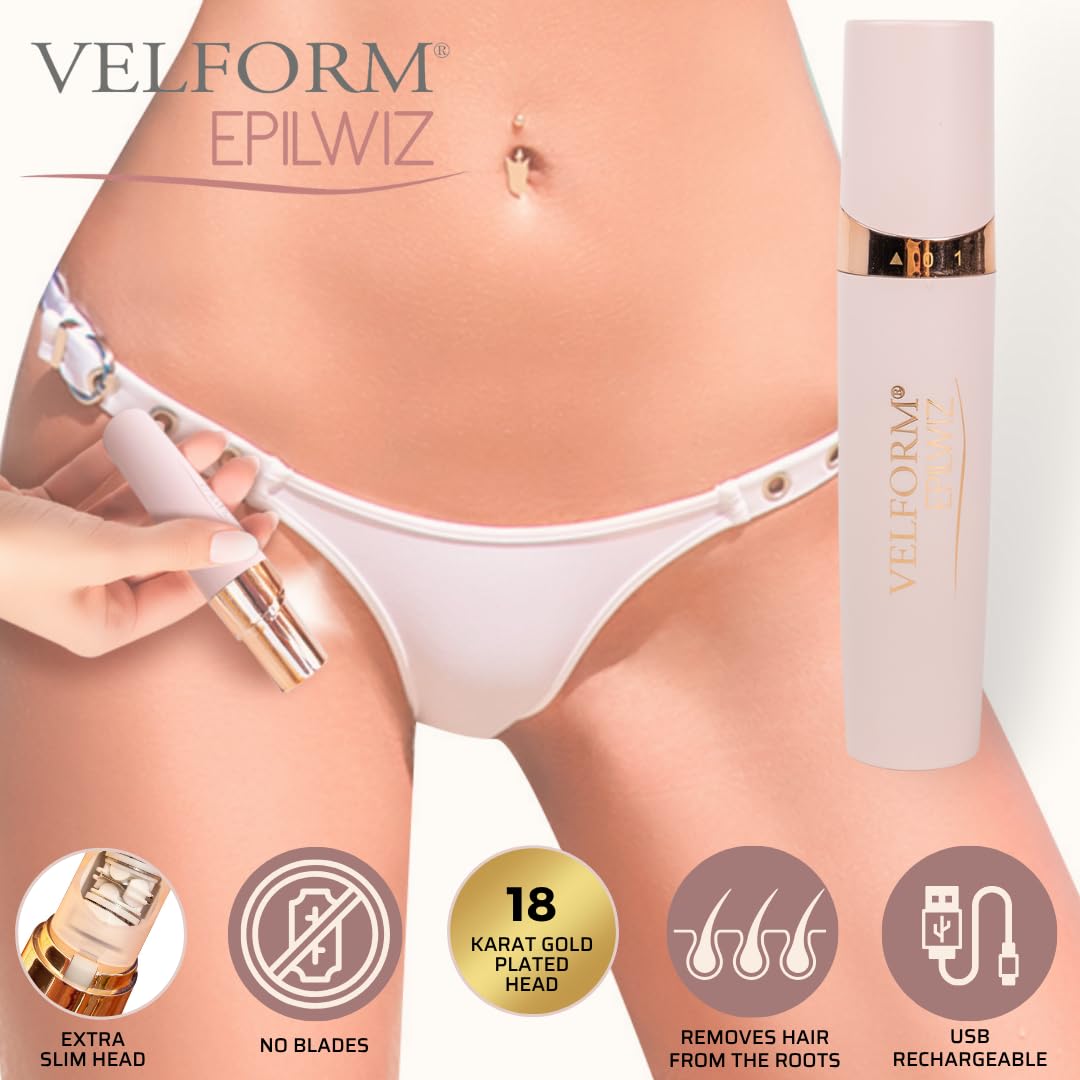 VELFORM Epilwiz, épilateur facial rechargeable, câble USB, système d'épilation avancé avec lumière LED, tête plaquée or 18 carats, tous types de peau (Advanced - USB)