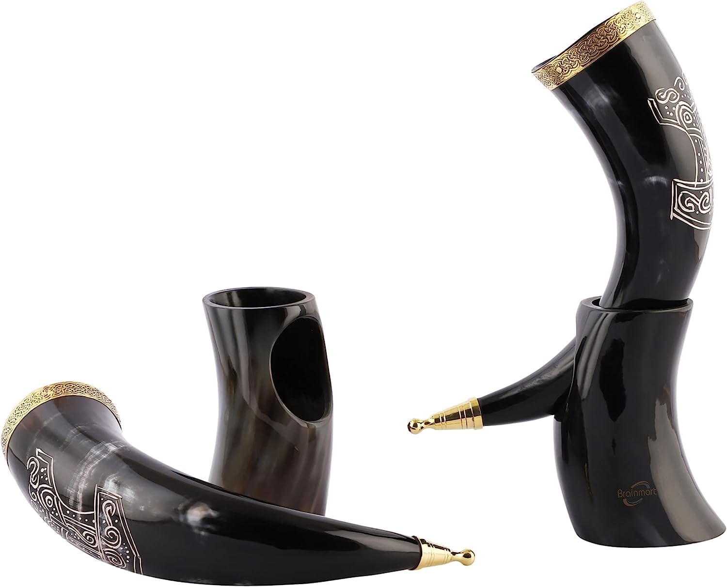 Nautical Replica Hub Corno vichingo da 30,5 cm, con supporto in corno e bordo in ottone bicchiere da birra fatto a mano, per uso alimentare, unico corno di bue con incisione Thor, 1 pezzo