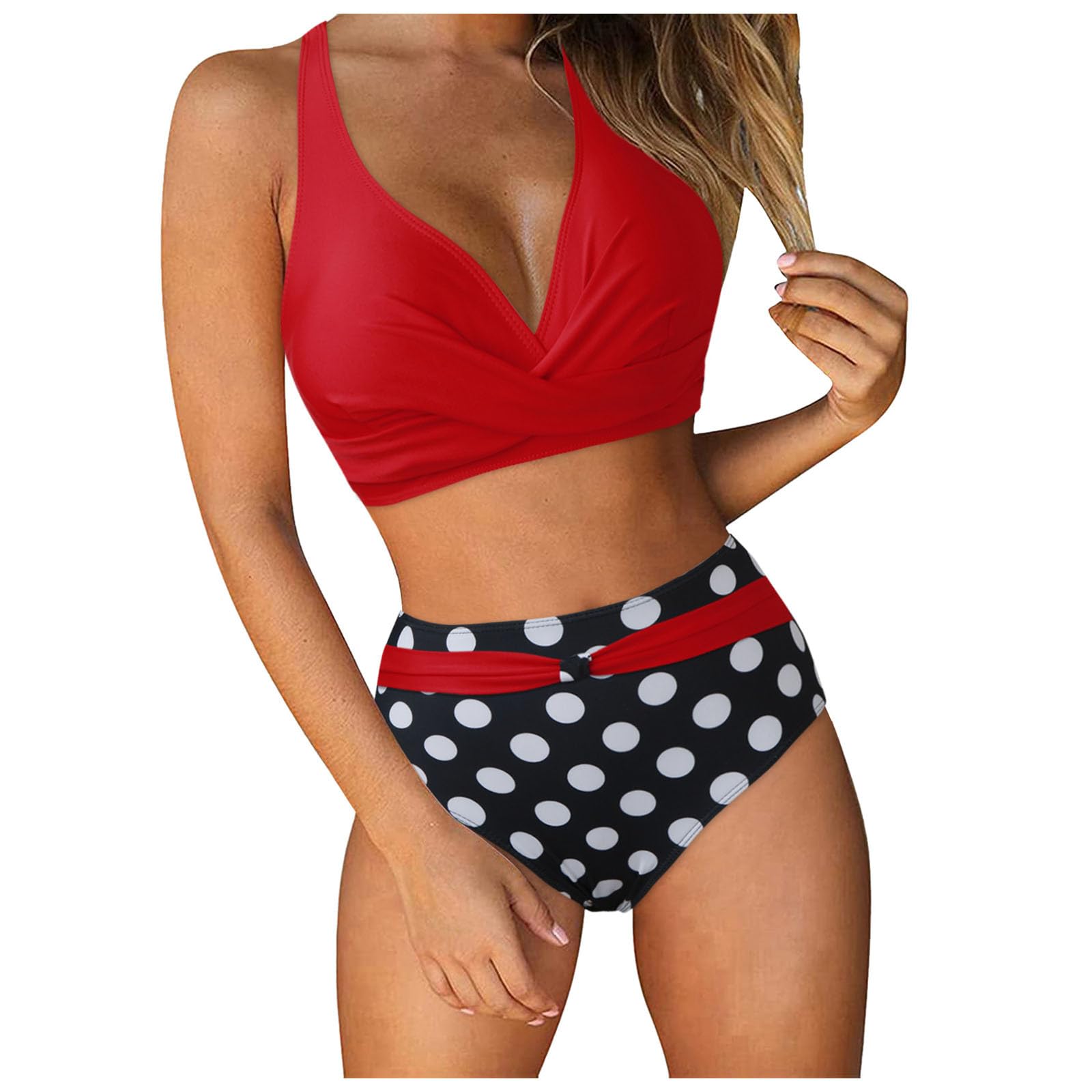 Costume da Bagno Donna Bikini A Vita Alta Push Up Sexy in Due Pezzi in A con Stampa retrò Increspato, Rosso, S