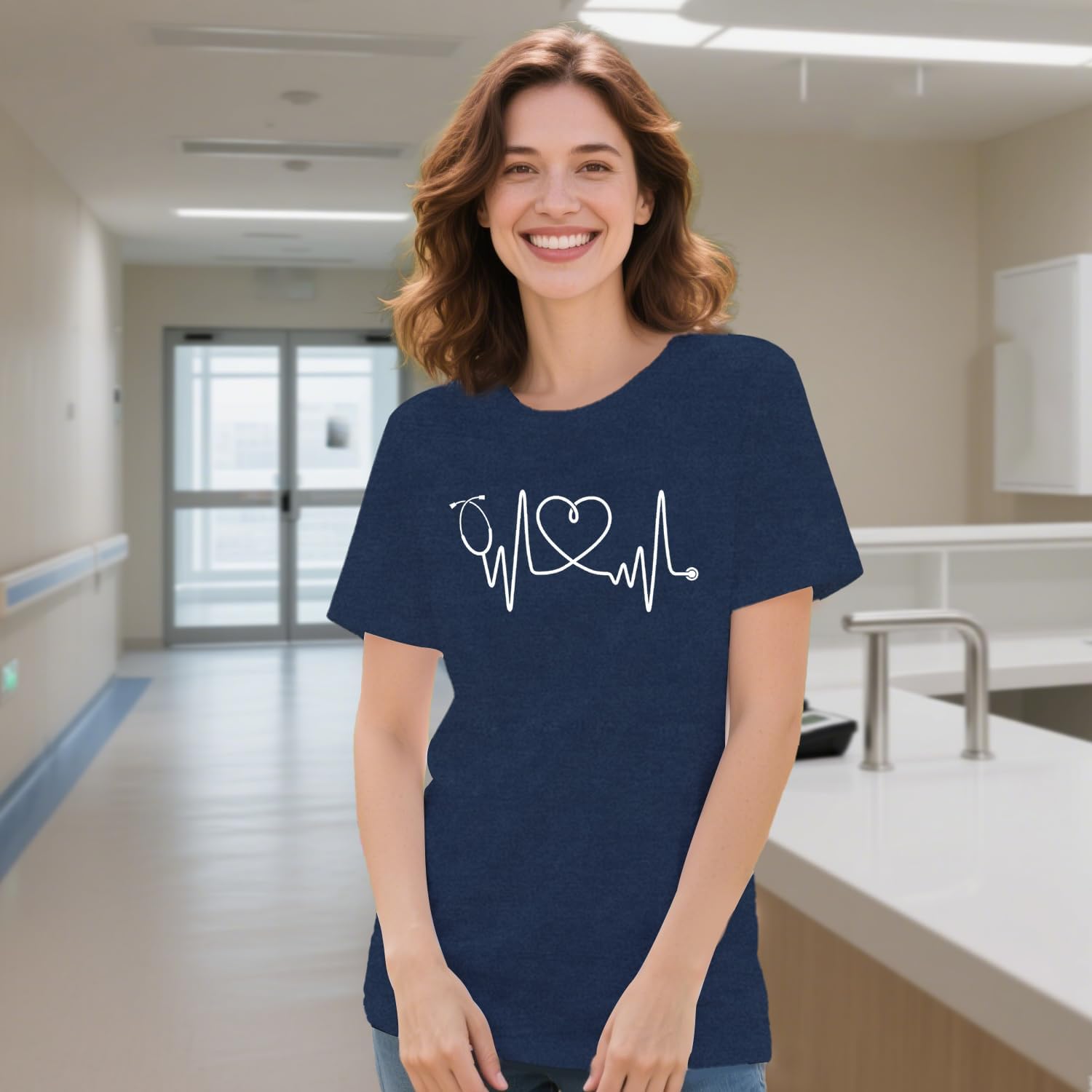 Nurse Shirts for Women Nurse Day T-Shirt Nursing Stethoscope Heart Tshirt Heartbeat Tee - Image 3