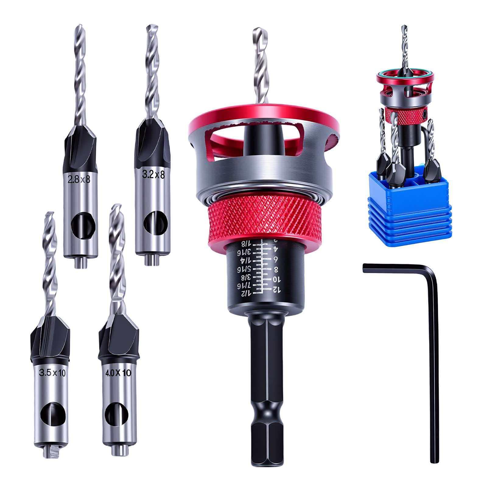 6PCS Countersink Drill Bit Set with Adjustable Depth Stop Collar, 1/4 Inch Hex Shank, 4 HSS M2 Tapered Bits and a Wrench, 82° Counterbore for Precise Woodworking, Plywood, MDF and DIY Projects