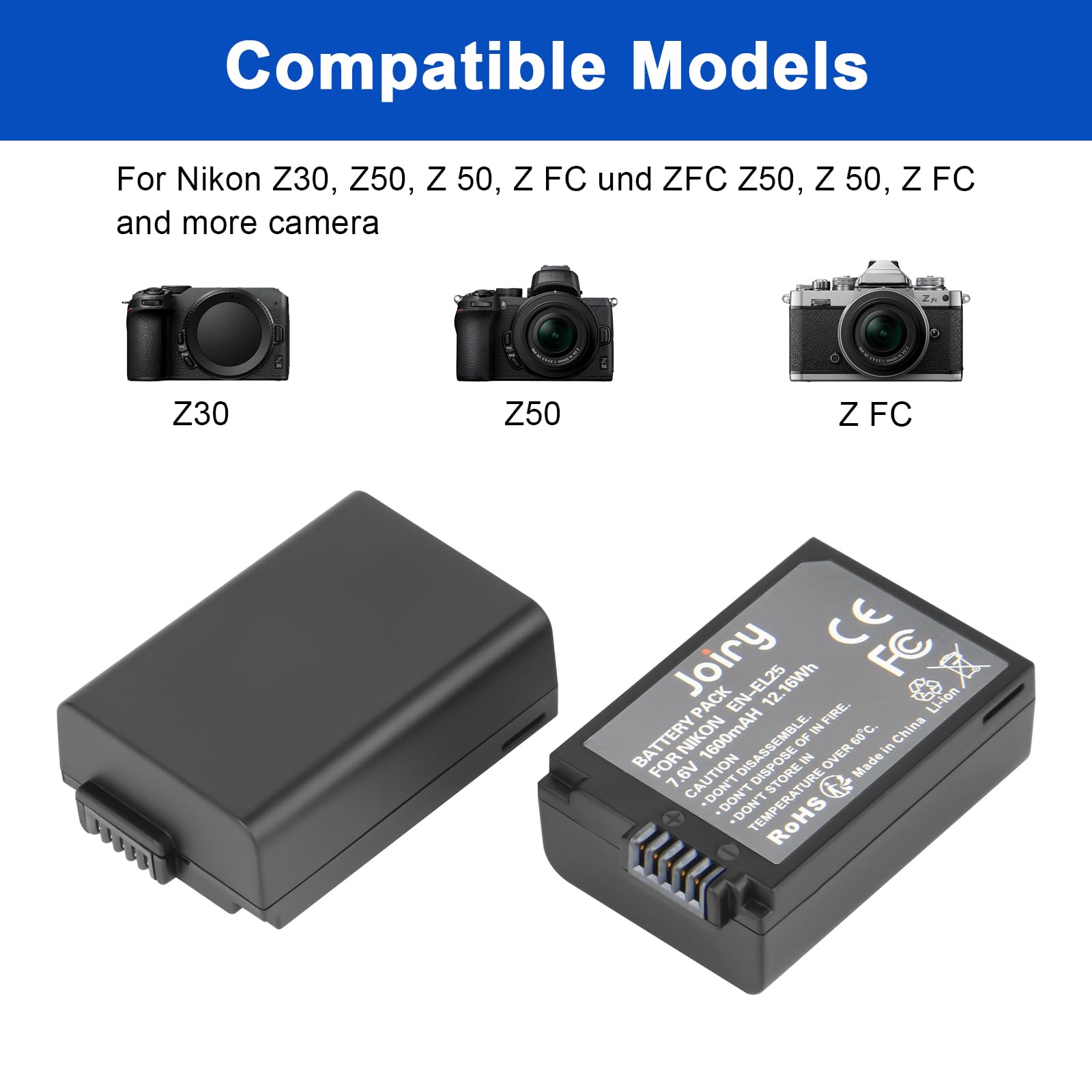 Joiry 2X EN-EL25 batteria di ricambio compatibile con Nikon Z50, Z 50, Z FC, Smart LCD Display Dual USB Caricabatterie per Nikon ENEL25/EN-EL25a/4241 Batteria