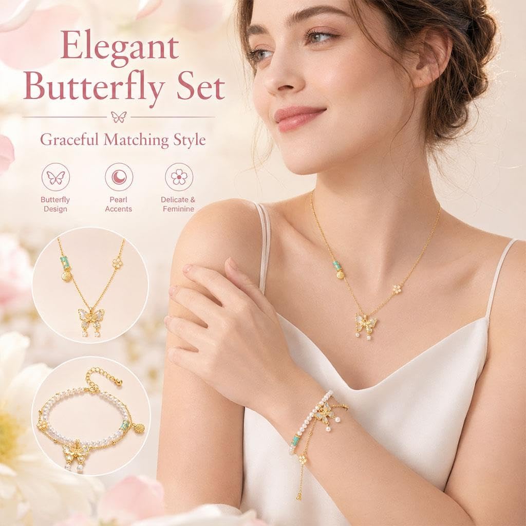 Set De Joyería De Mariposa De 2 Piezas, Collar Y Pulsera
