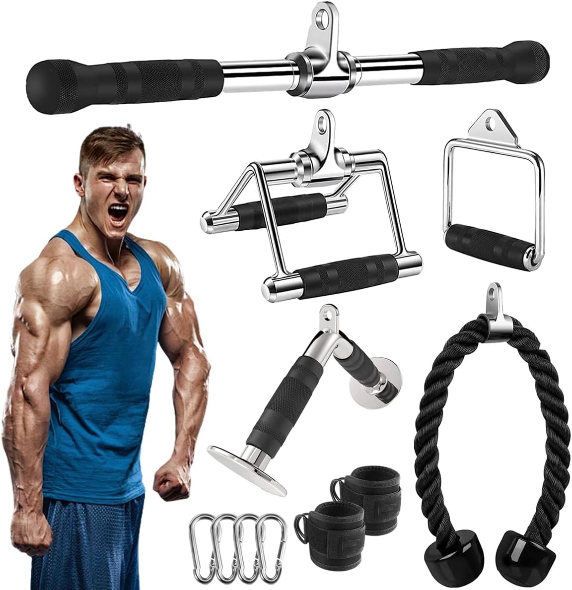 Accesorio Para Máquina de Cables Desplegable, 7Pzs Sistema de Polea Para Ejercicio Gimnasio en Casa Juego Accesorio para Tríceps Equipo de Pesas Fitness Para Tirar LAT Rizo de...