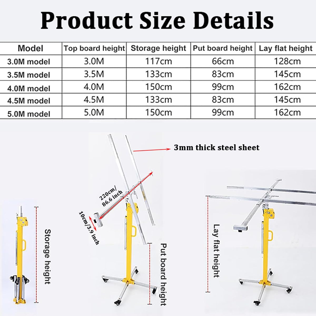 Rollheber für Trockenbauplatten, 3/3,5/4/4,5/5 m Sheetrock-Hebebühne, Trockenbau-Hebebühne, 150 lb Tragkraft, Plattenhebebühne, Stahlmaterial mit Teleskoparm und 4 feststellbaren Rädern,4m