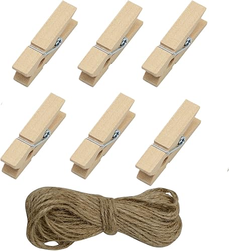 Miniatura 10 de Alfileres de madera, 100 clips de madera pequeños de 1.3 pulgadas con cordel de yute de 33 pies para clips de bolsa, bolsa de ropa, alfiler de ropa