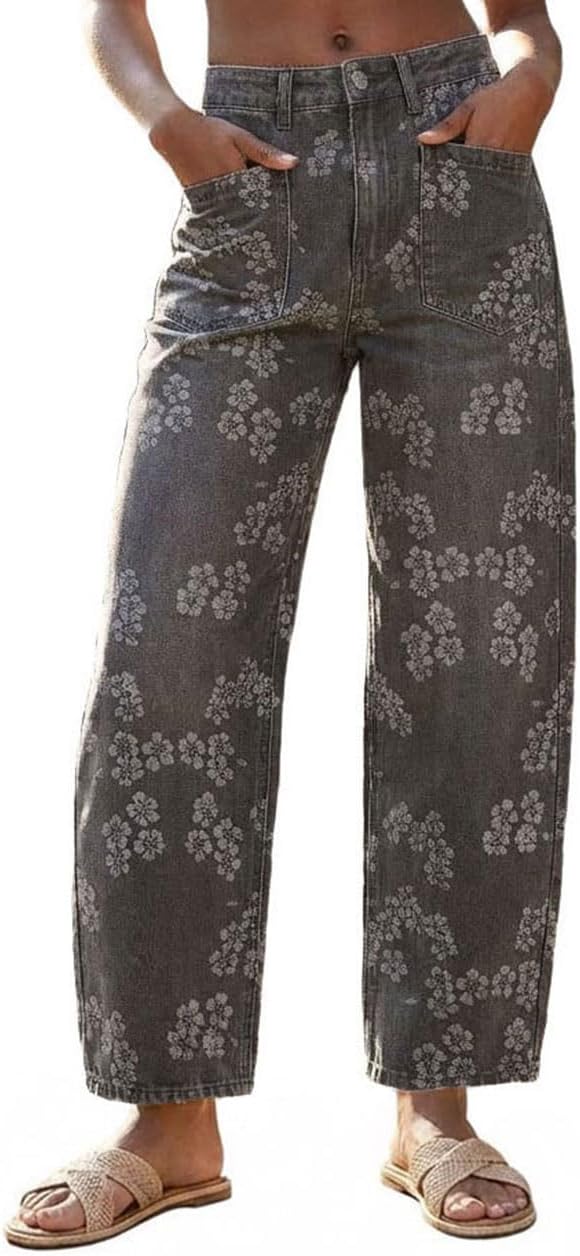 utcoco Women's Floral Print Barrel Jeans Y2k Baggy Wide Leg Mid Rise Cropped Denim Pants Relaxed Fit Trousers for Daily Wear