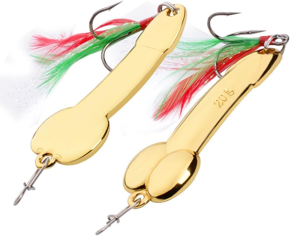 2PCS Fishing Jigs Spoon Fishing Lures Sinking Jig Fish Baits Nickel Treble Hooks with Feather Metal Sequins Bait (Gold, 28g)