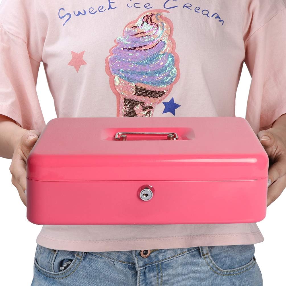 Decaller Large Cantilever Cash Box with Key Lock, Metal Money Box with 5 Coin Compartments & 4 Bill Clips for Home or Business, 11.81" x 9.45" x 3.54", Pink