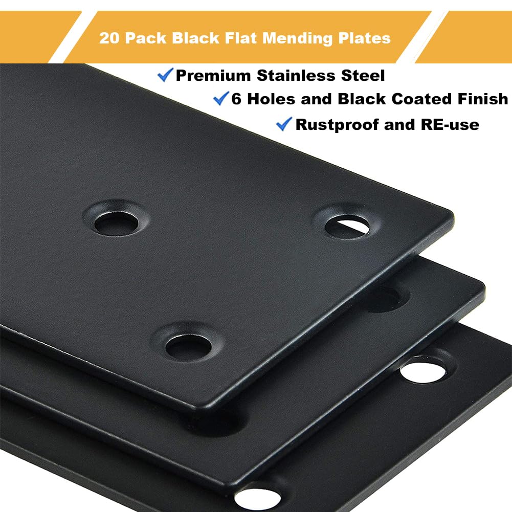 Paquete de 20 placas de reparación planas negras de 3 x 1.5 pulgadas, soporte de reparación de placas de unión de acero inoxidable para valla de muebles de madera