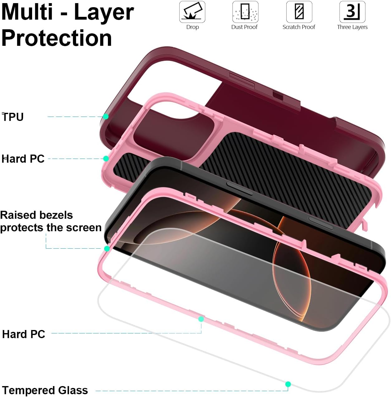for iPhone 16 Pro Case 6.3" with 2 Screen Protector & 2 Camera Lens Protector, Full Body Protection Heavy Duty Case Cover (Wine Pink) - Image 3