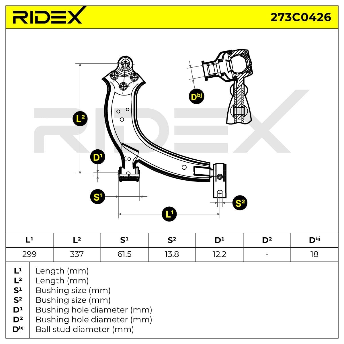 RIDEX 273C0426 Bras de suspension Avant Droite avec rotule de suspension avec support en caoutchouc Compatible avec PEUGEOT 306 3/5 portes 7A, 7C, N3, N5