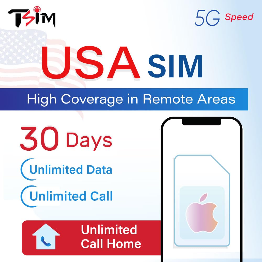Tarjeta SIM USA para Turistas – Datos 5G Ilimitados + Llamadas y SMS Ilimitados | Alta Cobertura en Zonas Remotas | Plan de 30 Días | Número de EE. UU. y 10 GB de Hotspot | Diseñada para iPhone