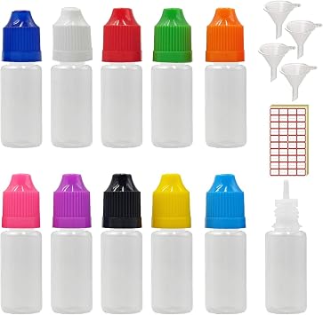 XIAONAN 50 Pack x 10ml LDPE Plastic Liquid Water Squeezable Eye Dropper Empty Bottles Bottles + Mixed Colour Caps + Tips + Funnel + Label