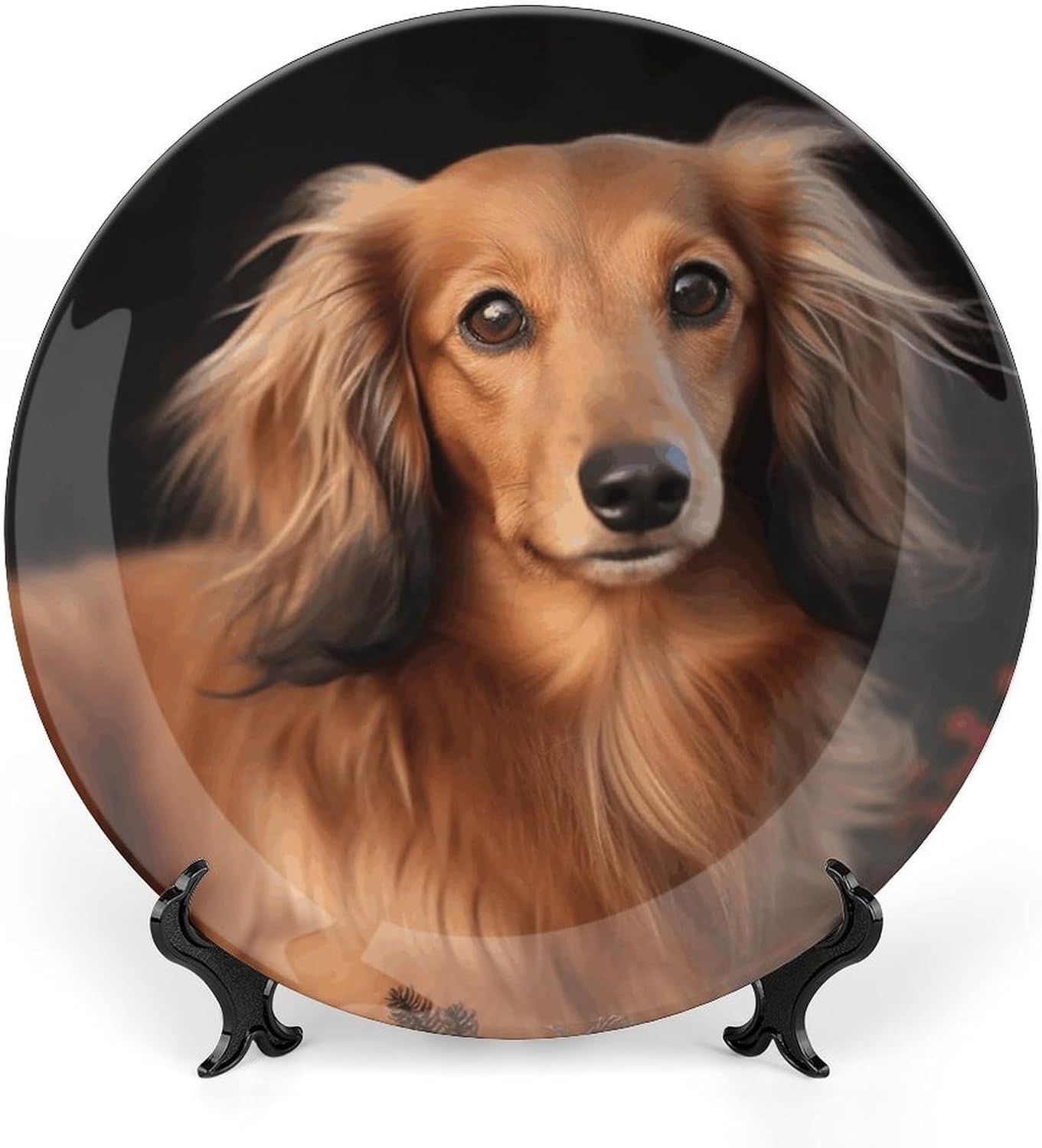 Long Haired Dachshund Decorative Plates for Display Round Porcelain Plate Living Room Table Ceramic Hanging Decorative Plate Art Decor for Living Room Table with 1 Display Stand 8inch
