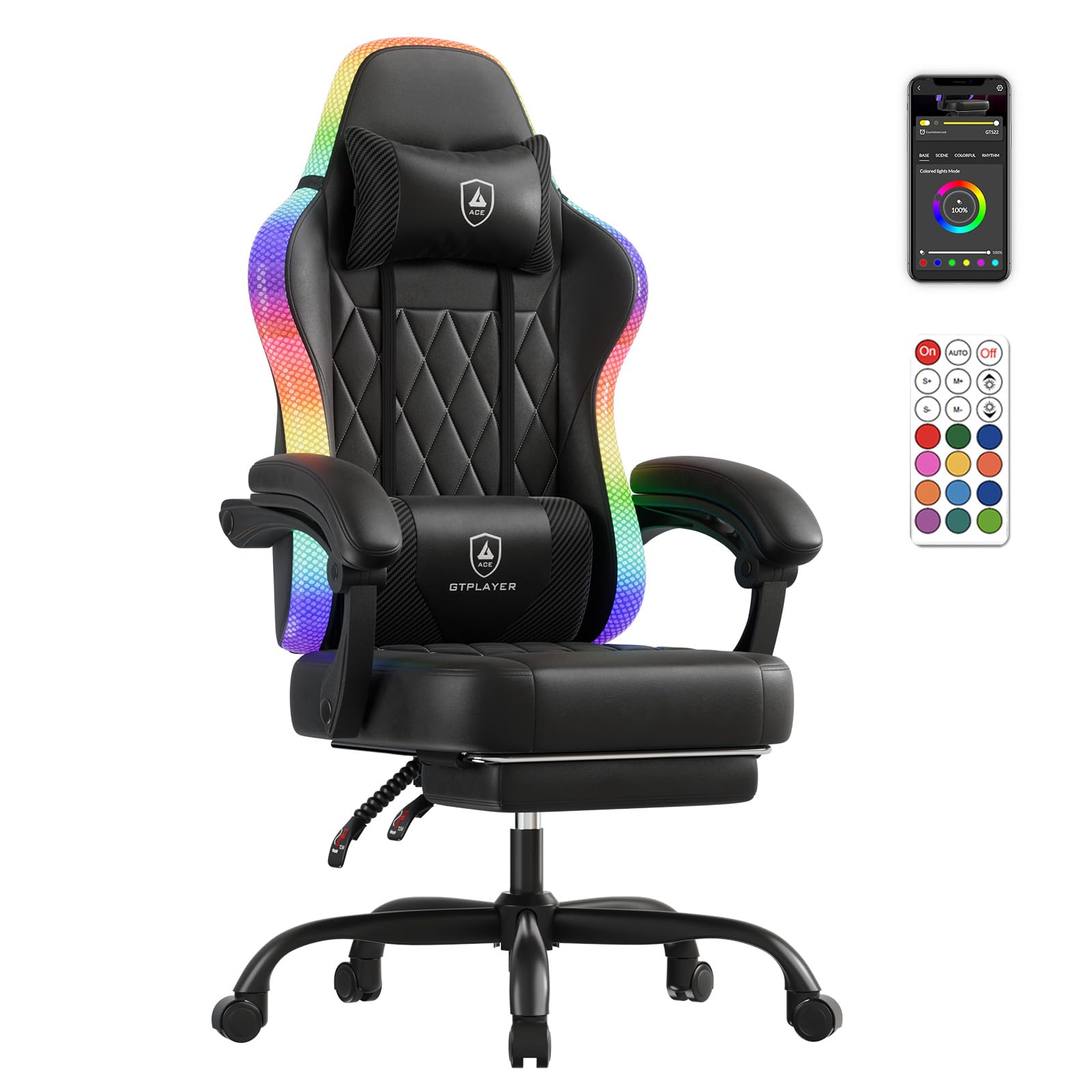 GTPLAYER Gaming Stuhl, Bürostuhl, Gaming Chair mit LED Lichtleiste, Gamer Stuhl, Rückenlehne mit Aufbewahrungstasche Ergonomischer PC Stuhl mit Fernbedienung