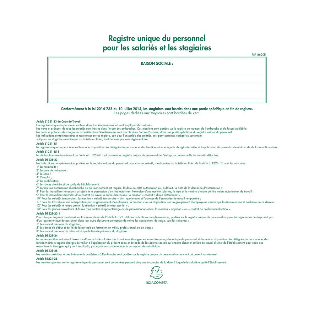 EXACOMPTA Piqure Registre Unique du Personnel 27 x 32 cm 40 Pages