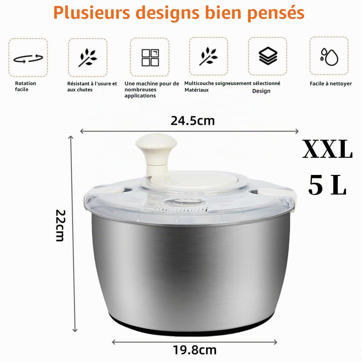 Essoreuse à salade XXL en acier inoxydable de 5 l, avec éplucheur et bouteille compressible – Passe au lave-vaisselle – Essoreuse à salade idéale pour laver et sécher la salade