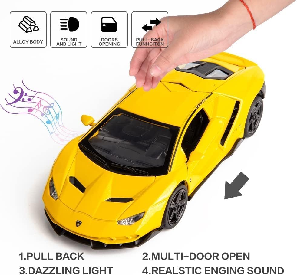 Image of Metal Pull Back Diecast Car 1:24 Big Lamborghini Lp770 Pull Back Car Model With Sound Light Boys Gifts Toys For Kids?Pack Of 1?, Multicolor