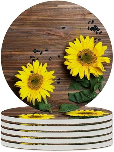 Posavasos con diseño de girasoles para bebidas, base de corcho, cerámica, 6 unidades, para café, tapete absorbente de flores, tazas amarillas,