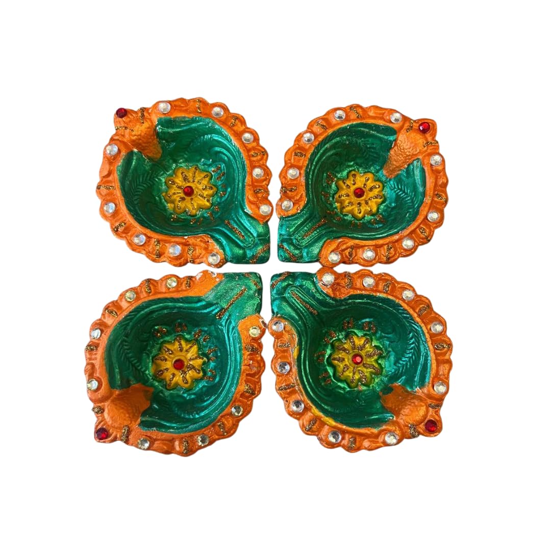 4 X Handcrafted Clay Diya in Green and Orange with Yellow Flower Centre and Stone Work, Traditional Oil Lamp for Diwali, Pooja, Temple, Rangoli, Festival Lighting, Mandir Use & Festive Gifting