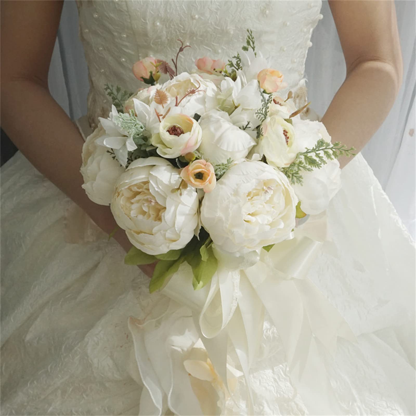 AYCDL Artificial Flower Bouquet,Bride Holding Flowers,Artificial Flowers, White Peony Handmade Silk Holding Bouquets For Church Wedding Engagement Valentine's Day