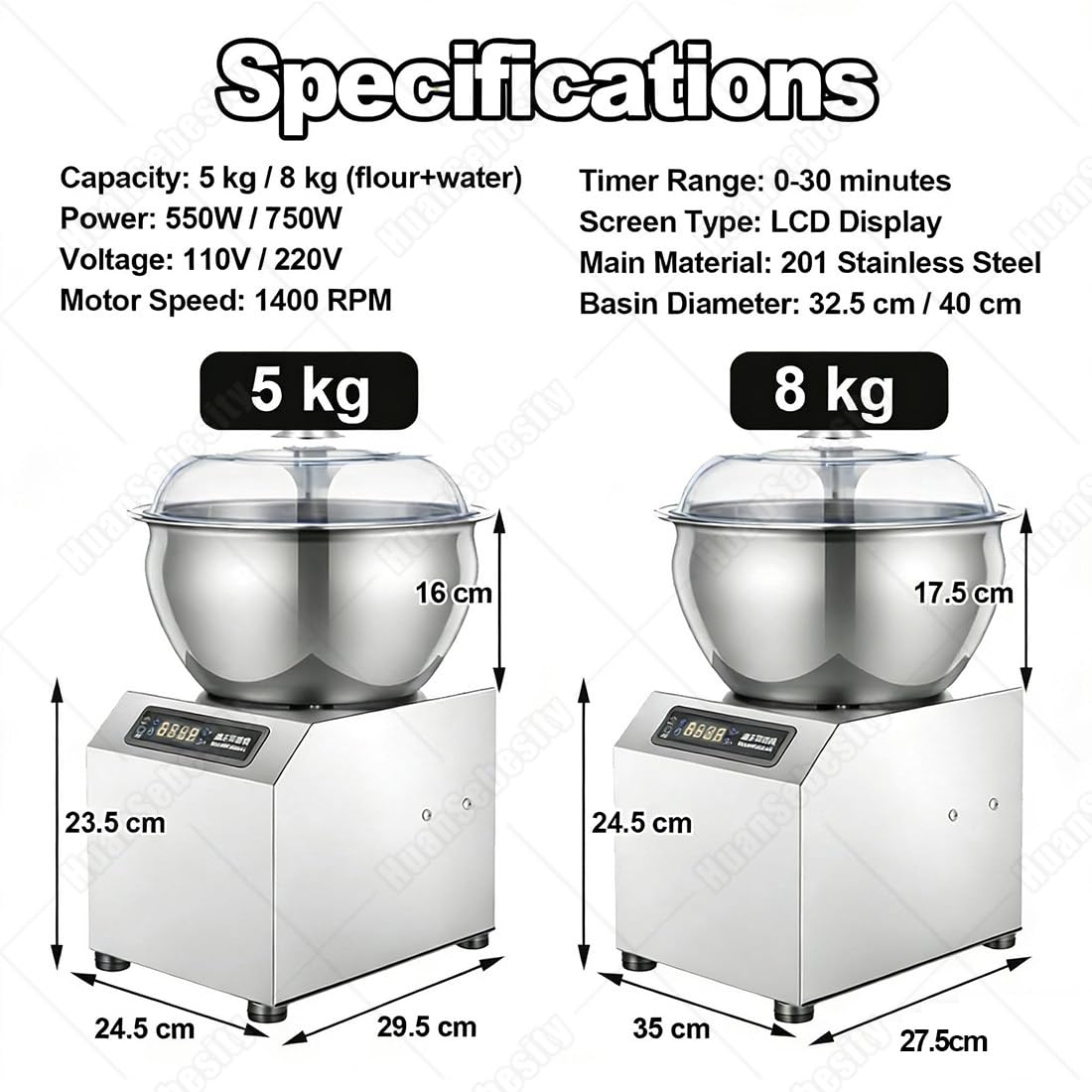 Impastatrice in Acciaio Inossidabile,Impastatrice Commerciale 2200w,8kg Miscelatore Acciaio Inox con 3 Impostazioni Temperatura E Timer 30 Minuti,per Pizzeria E Panetteria 5kg