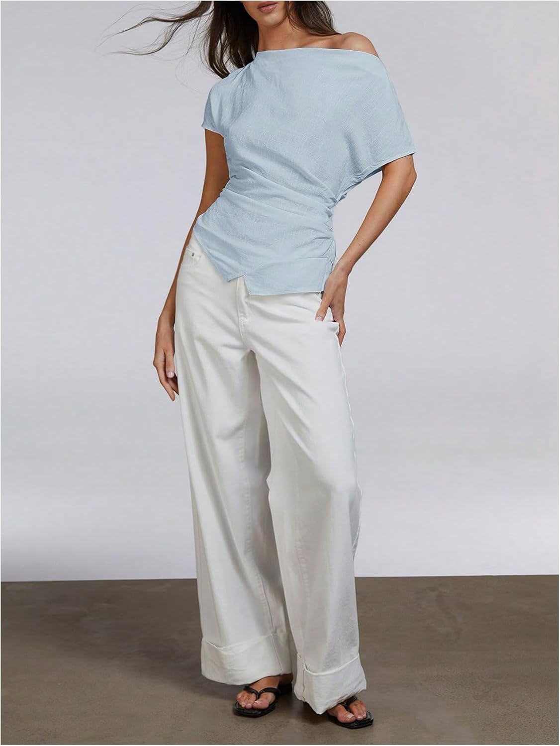 Floerns Women's One Shoulder Linen Tops Asymmetric Ruched Waist Dressy Casual Tops - Image 5