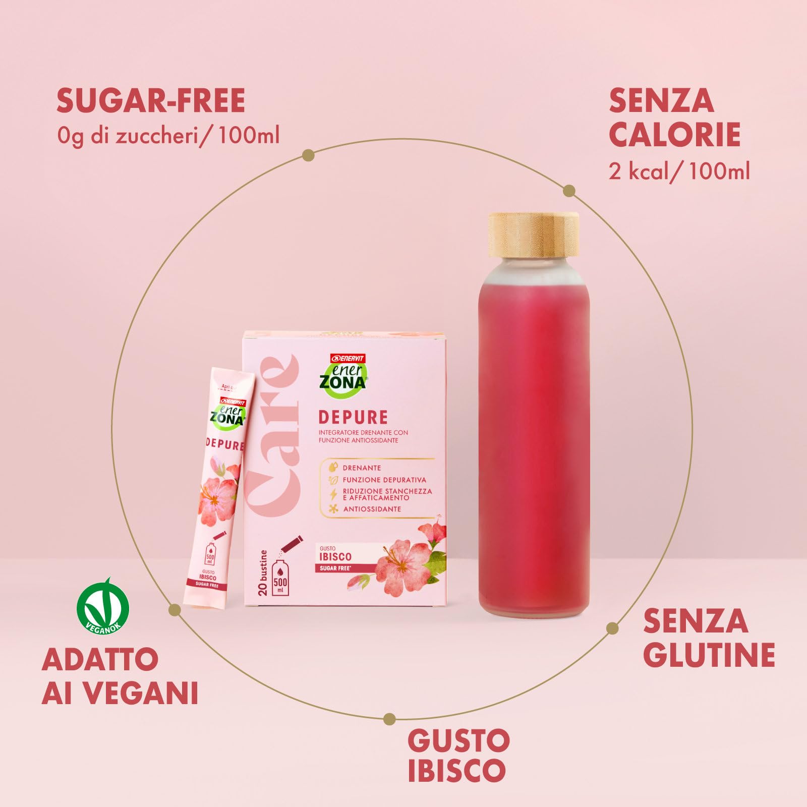 Enervit EnerZona Care Depure, Integratore Alimentare Drenante e Antiossidante, Funzione Depurativa, Riduce la Stanchezza, 20 Bustine, Zero Zuccheri e Zero Calorie, Gusto Ibisco, VeganOK, Senza Glutine