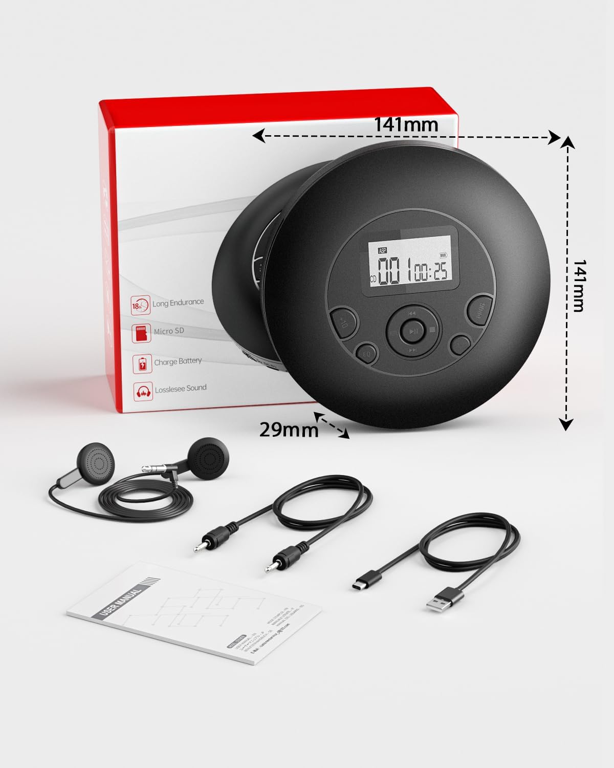 Contents of the ARAFUNA CD Player package including the player, earphones, AUX cord, USB charging cord, and user manual, with dimensions shown.