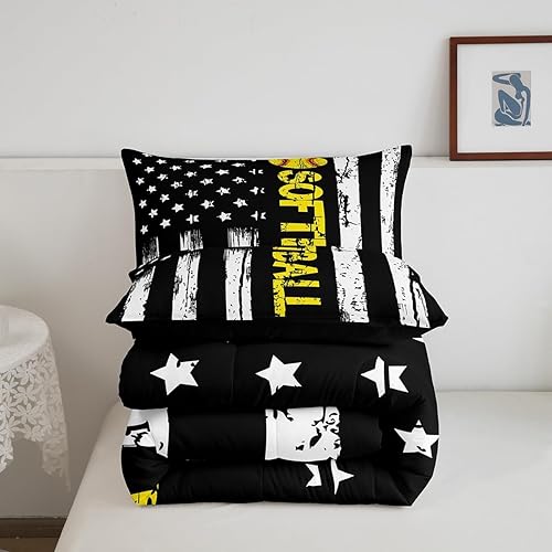 Miniatura 5 de Juego de edredón de la bandera de Estados Unidos, juego de ropa de cama de béisbol, sóftbol individual, blanco y negro, rayas con estrellas