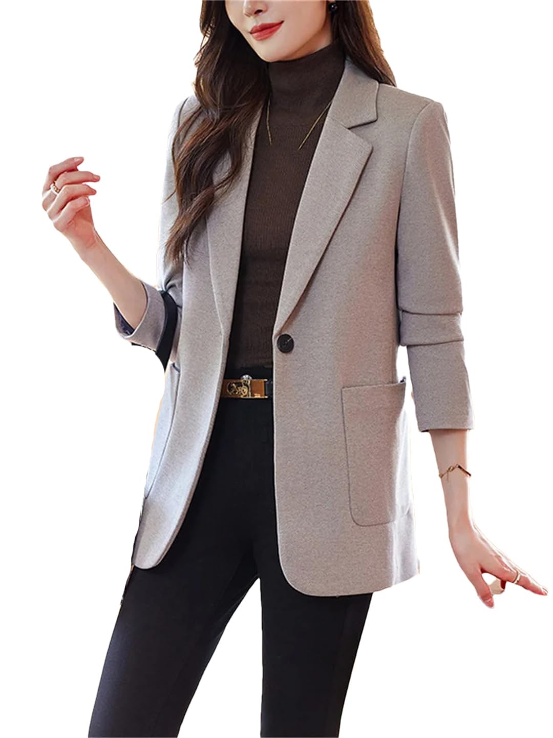 Solid Blazers for Women Turn Down Collar Coats Office Single Button Pockets Jackets