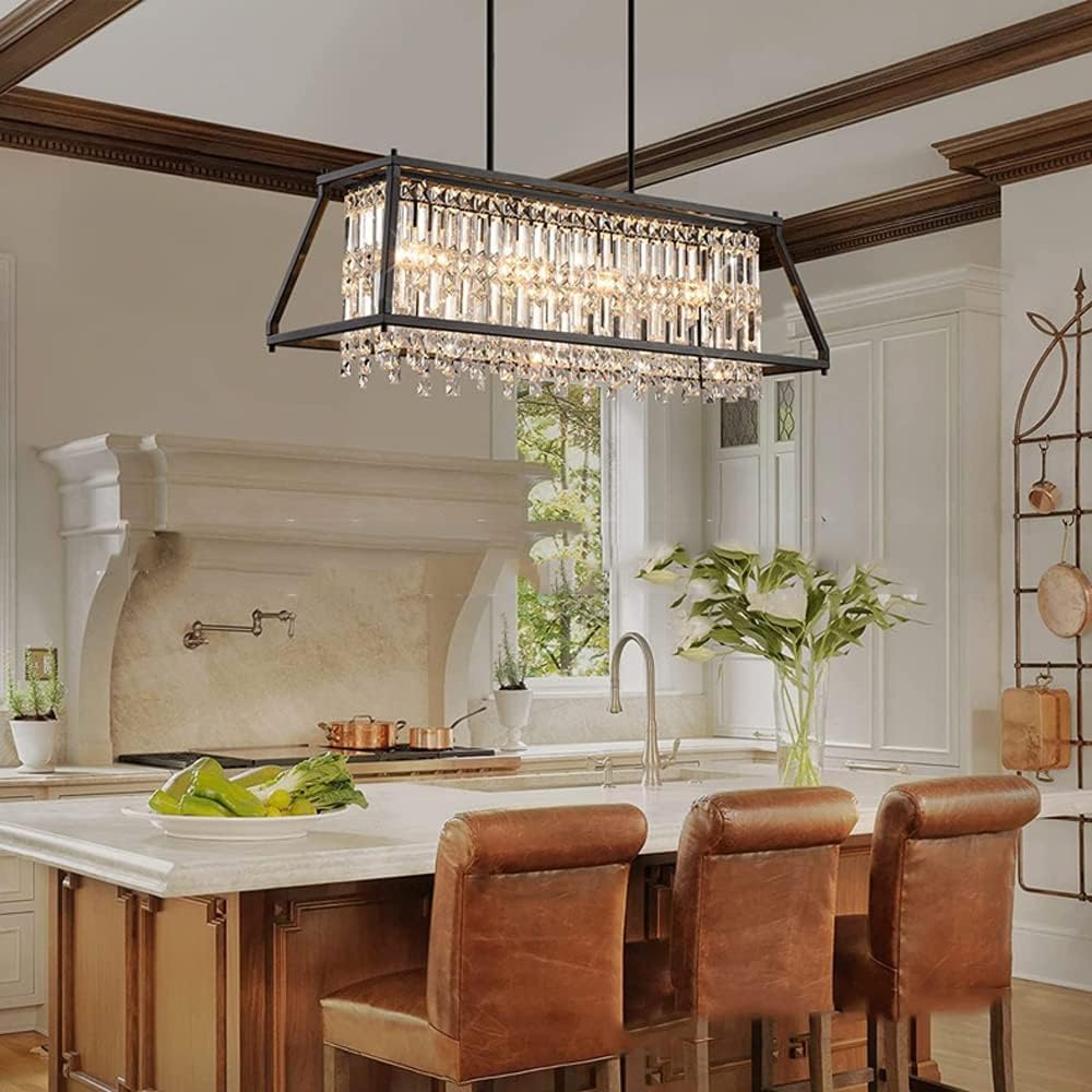 American Crystal Chandelier E12 4-Light Metal Ceiling Hanging Light Modern Home Dining Table Kitchen Suspended Light Fixture
