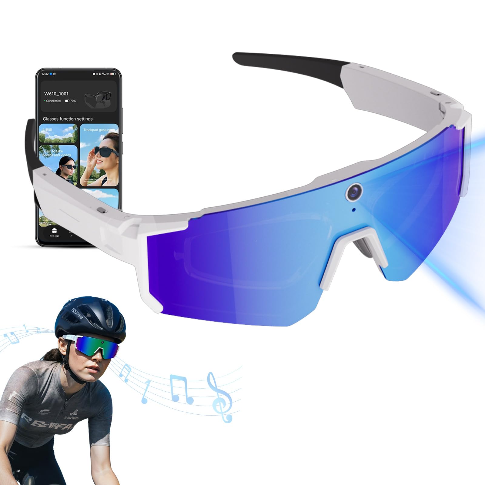 Gafas Inteligentes de Ciclismo con Inteligencia Artificial, Lentes de Sol Inteligentes con Bluetooth, Control de Voz, reconocimiento de Objetos (Blue Lens+White Frame)