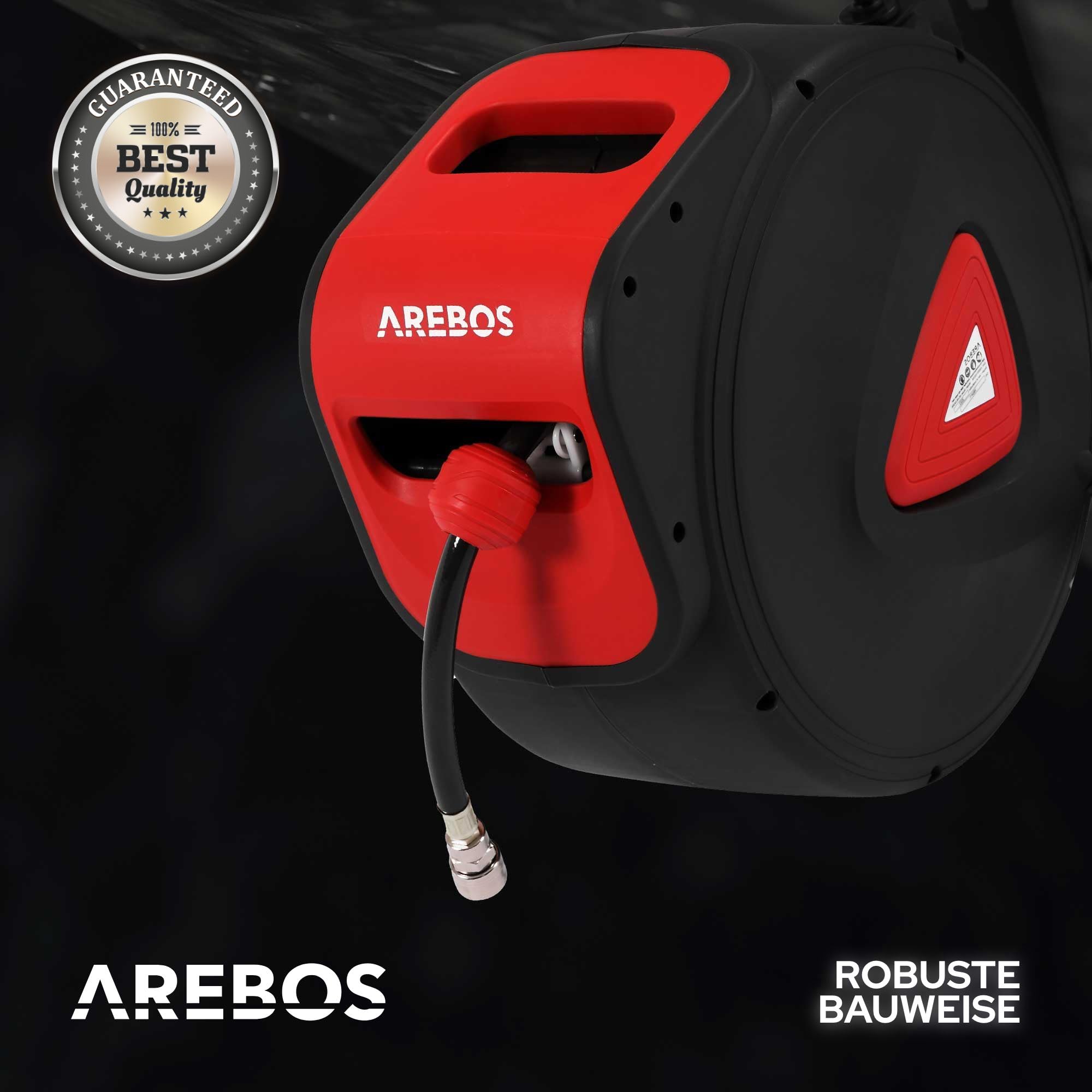 Arebos Druckluftschlauch Aufroller | Automatik Schlauch Aufroller | Wandhalterung | 1/4 Zoll Schnellkupplung | UV-beständig | 180° Schwenkbar | inkl. Montagehalter | 30 m
