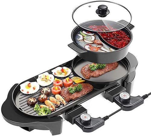 SEAAN Parrilla eléctrica extraíble Shabu-shabu Pot Grill desmontable con bandeja de horno de gran capacidad, sartén antiadherente para barbacoa,