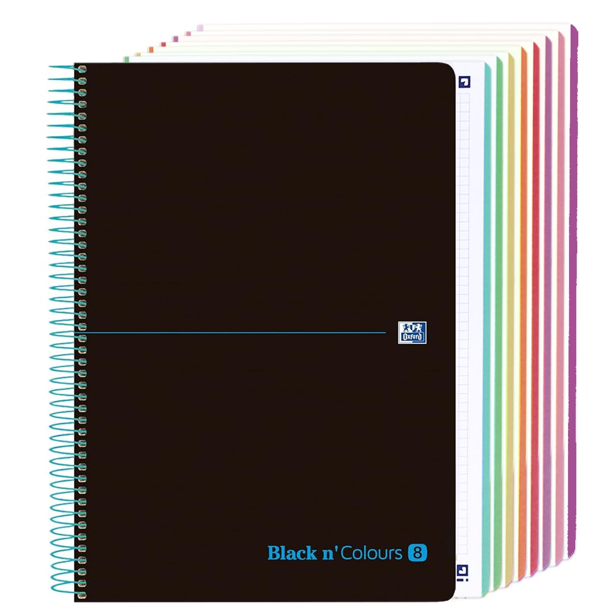 Oxford Cuaderno A4 Cuadriculado 5x5, Tapas de Plástico, 8 Bandas de Color, Hojas Microperforadas, Color Negro