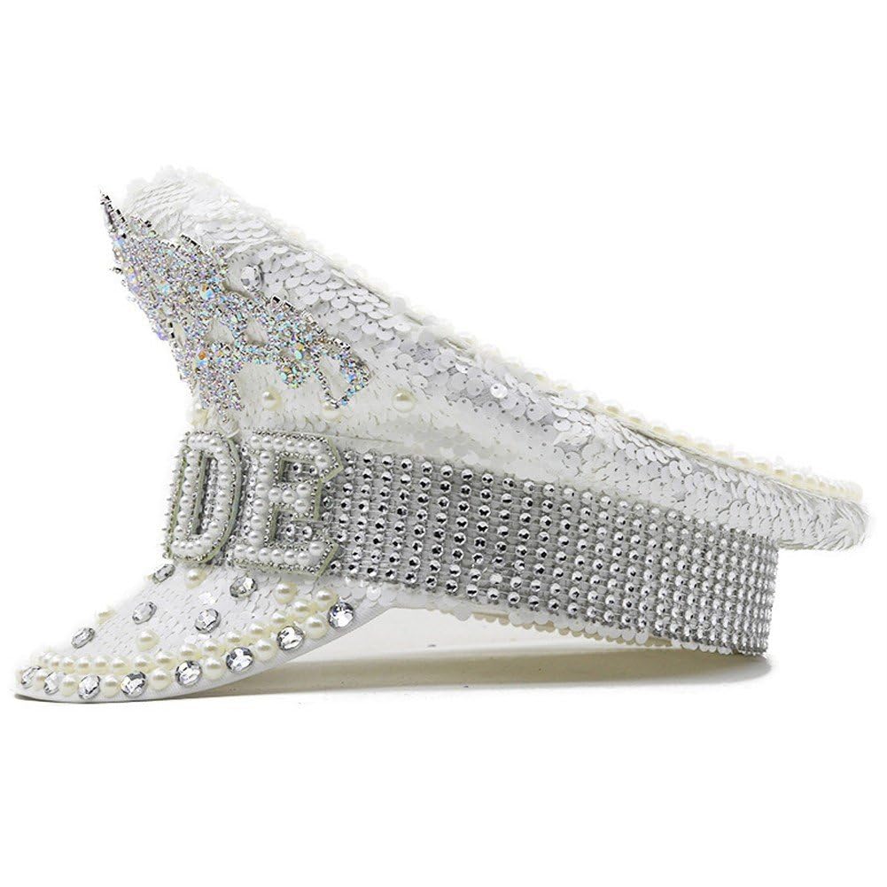 Cappello Sposa Cappello Capitano della Sposa Cappello Marinaio Sergente Cappello Militare con Paillettes Perla con Cappello Scuro Cappello Discoteca con Paillettes per Festa di