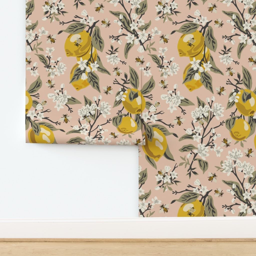 Spoonflower Peel & Stick Wallpaper 3ft x 2ft - Bees Lemons Blush Yellow Modern Citrus Traditional Custom Removable Wallpaper