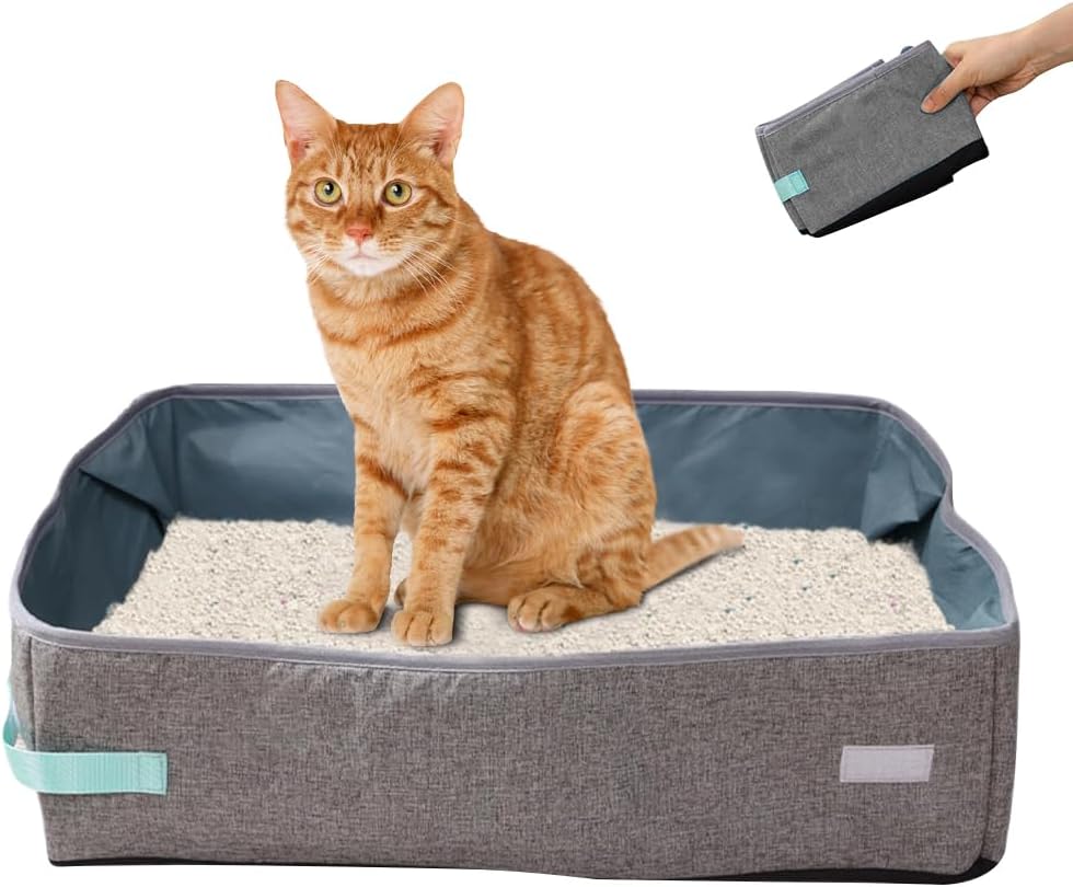 Qpets® Foldable Cat Litter Box,Waterproof Liner Cat Litter Box Indoor Outdoor Tray,Portable Reuseable Boxes for All Adult Cats & Kittens - 48*38*12CM