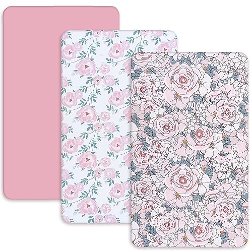 Image of AMROSE 3 Pack Soft Floral Mini Crib Sheets, Microfiber Pack N Play Sheets Set for Baby Girls, Silk Touch Gentle Playard Sheet Portable Crib Sheet, Watercolor Floral
