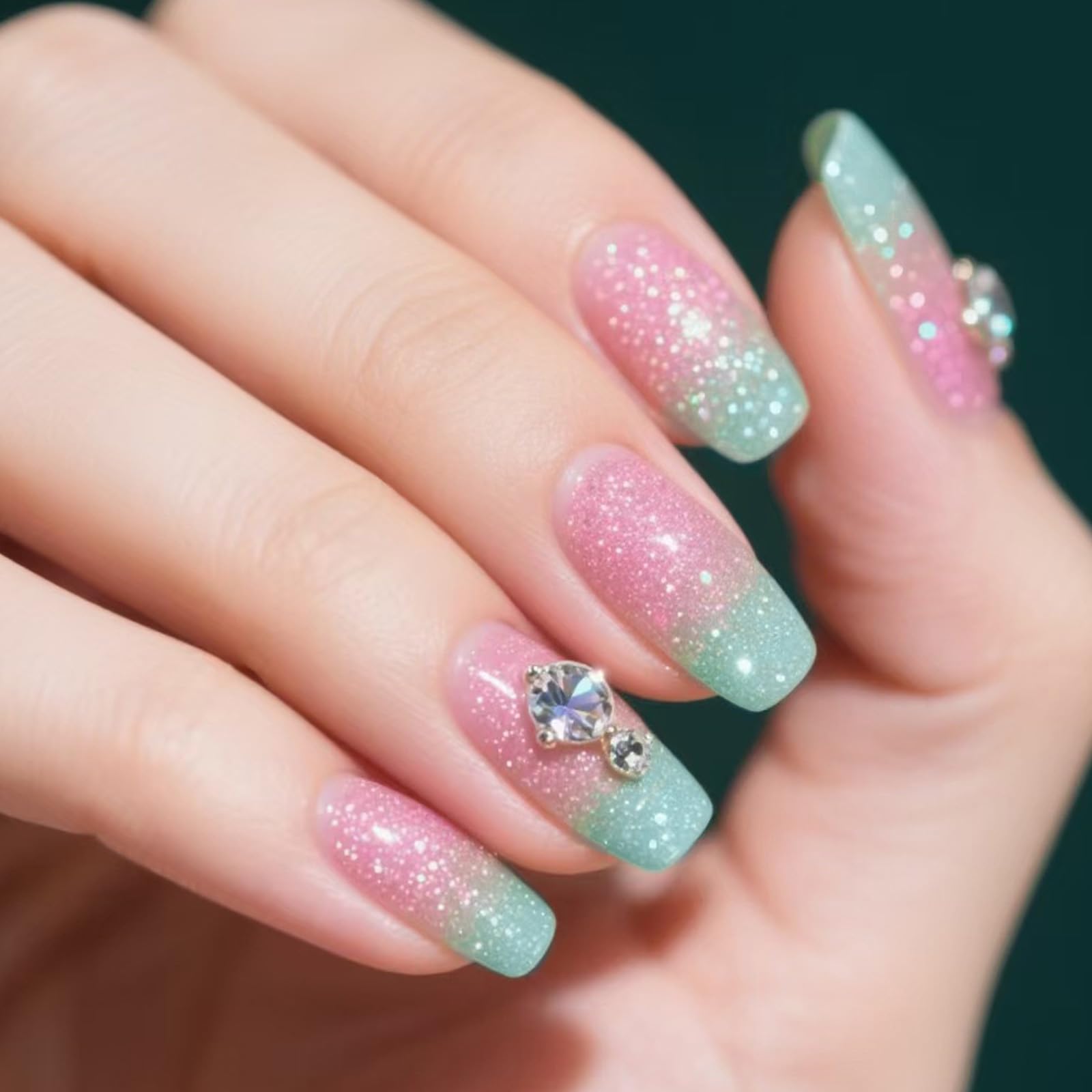 GCSQW Square Press on Nails Pink Green Gradient Fake Nails with Rhinestone Designs Glitter False Nails Summer Glossy Acrylic Nails Medium Artificial