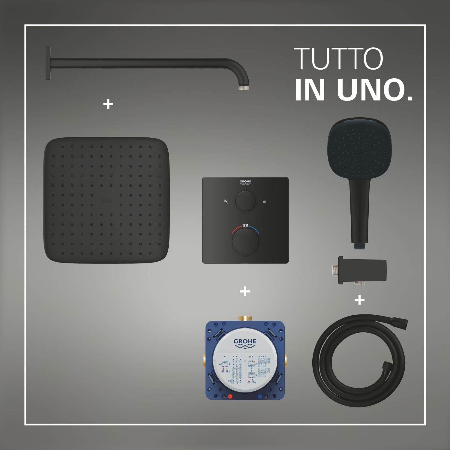 GROHE Precision - Sistema doccia da incasso con termostato per 2 uscite (valvola di intercettazione integrata, soffione 25 cm, doccetta a 2 getti, finitura quadrata), nero opaco, 348822430