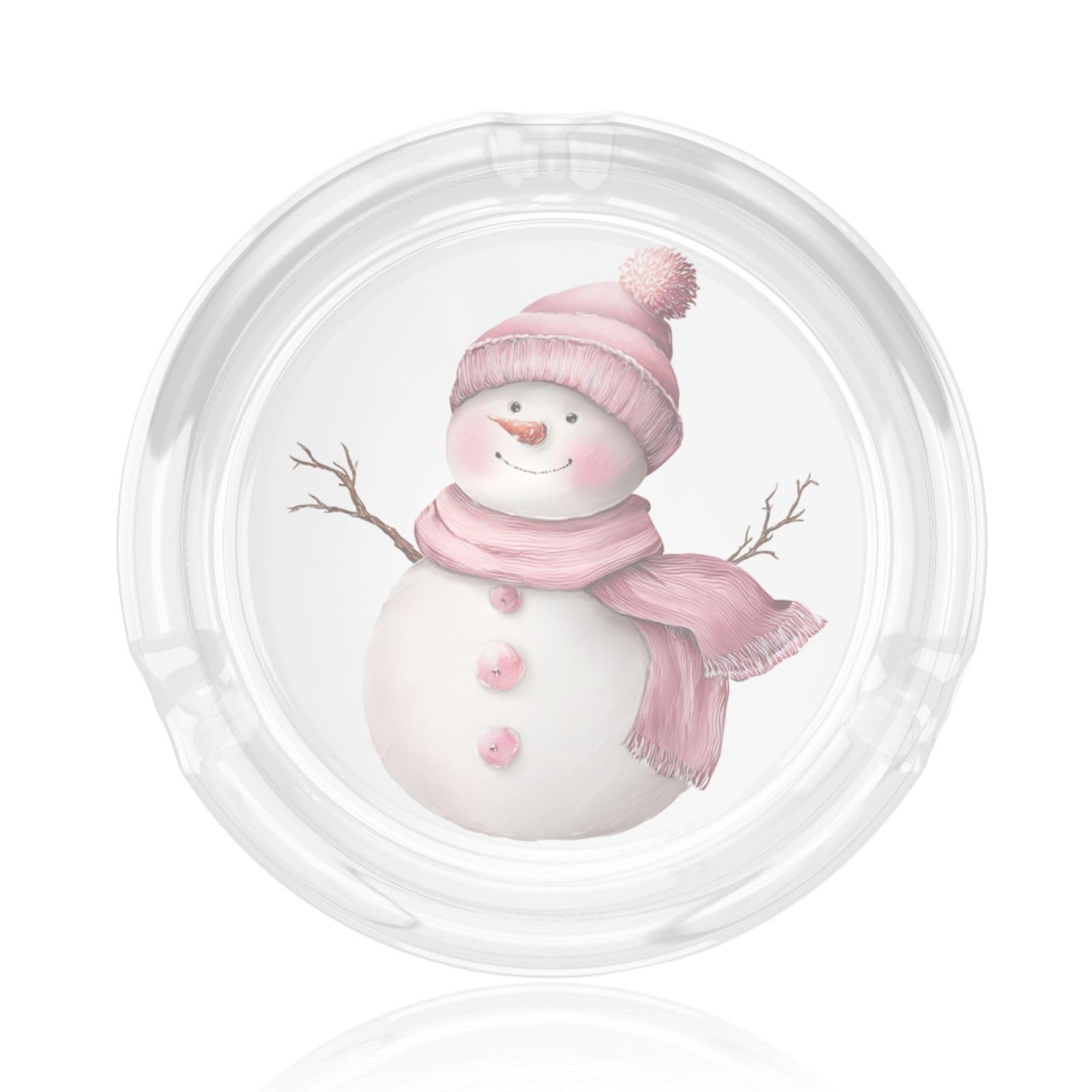 Cute Pink Snowman Soft Pastel Colors Watercolor Glass Ashtray For Cigarettes Ash Trays Case For Home Office Decor