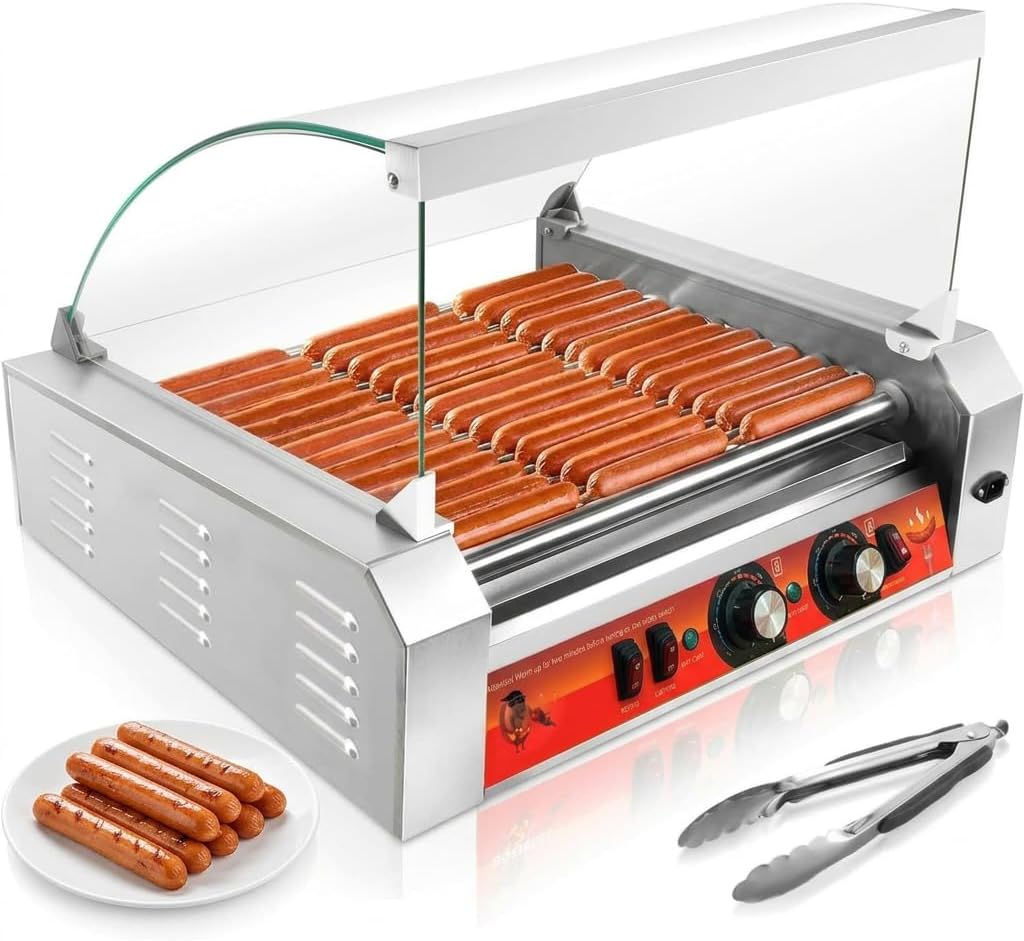 Vexon 1670W 11 Roller Hot Dog Cooker Machine,Holds 30 Hot Dogs，Non-Stick 304SS & Stainless Steel，for Parties, Events & Food Stalls