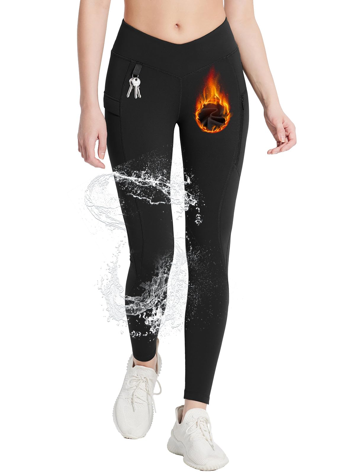 baleafWomen's Fleece Lined Leggings with Cargo Pockets Waterproof High Waist Winter Thermal Hiking Walking Trousers