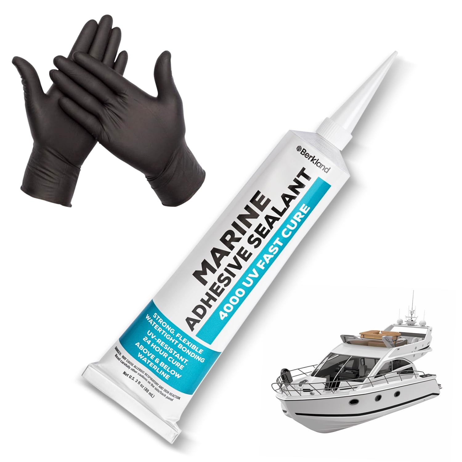 [3 oz] Marine Adhesive Sealant 4000 UV, White — Semi-Permanent Watertight Bond Above & Below Waterline, UV Resistant Marine Caulk for Boats, Hatches, Decks & Fittings by Berkland, Compare to 4200