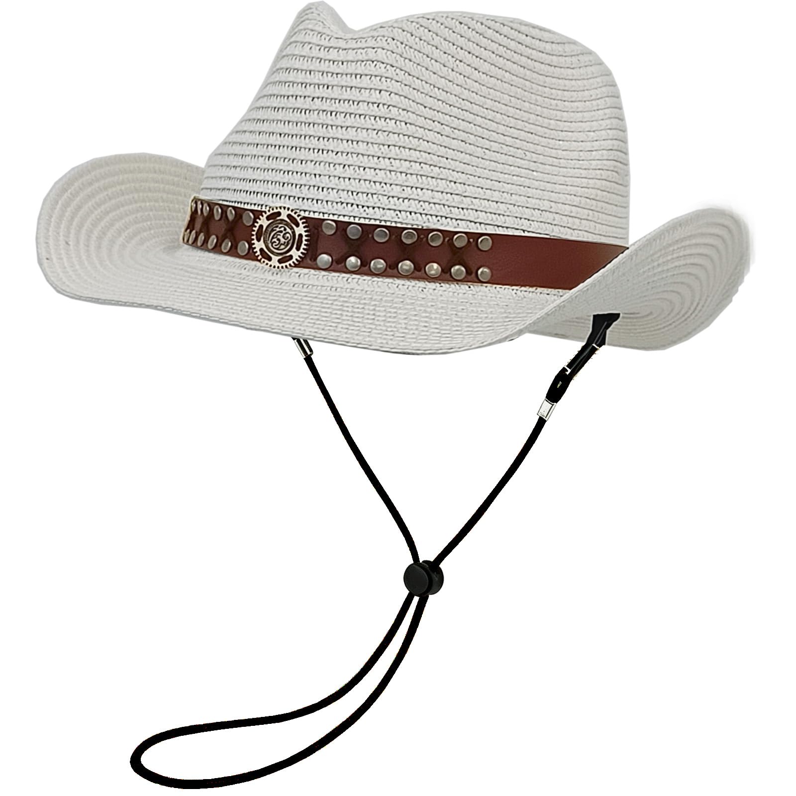 HEYANN Cappello da cowboy in paglia per uomo e donna, pieghevole, a tesa larga, estivo, con sottogola antivento, cappello da cowgirl regolabile, traspirante, protezione UV, spiaggia, giardino
